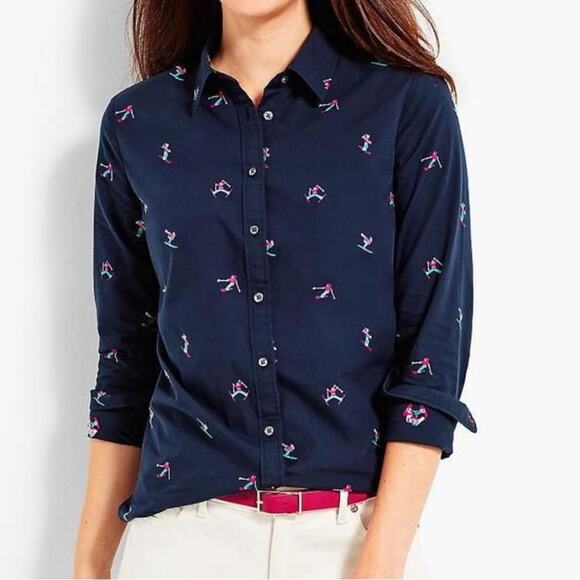 Talbots Size Small Navy Blue Oxford Shirt with Embroidered Skiers - Picture 1 of 7